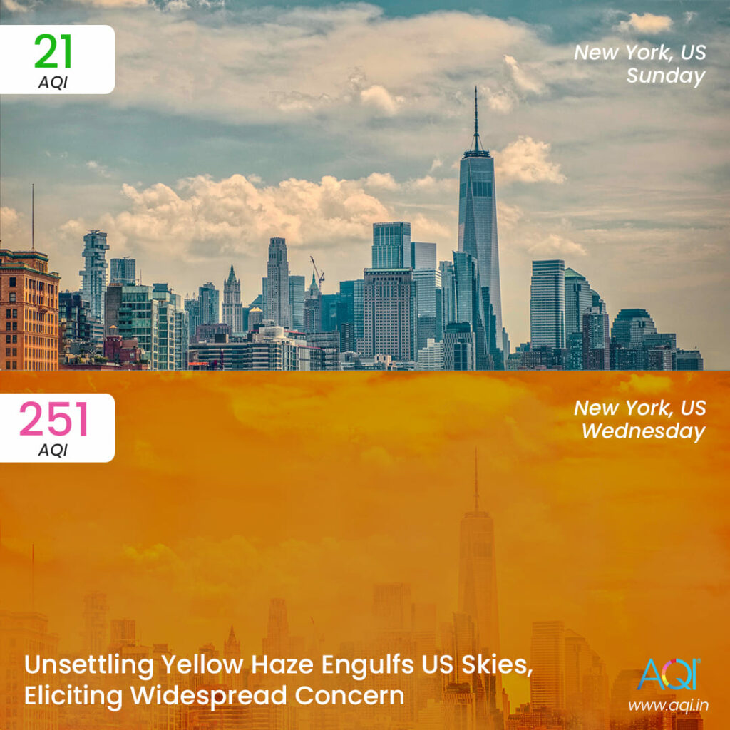 yellow haze in new york skies due to canadian wildfires
