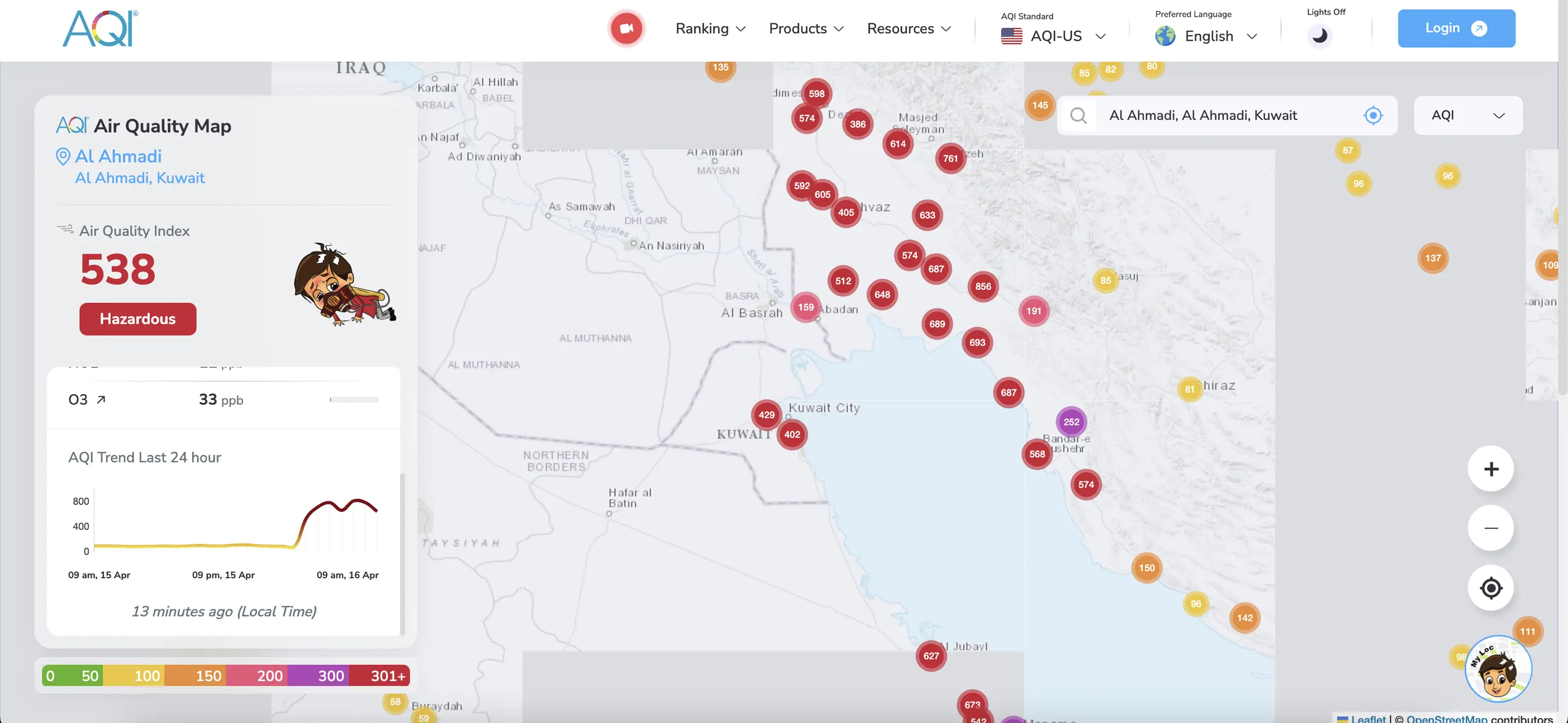 Al Ahmadi Kuwait AQI levels on 16th April 2025 high 