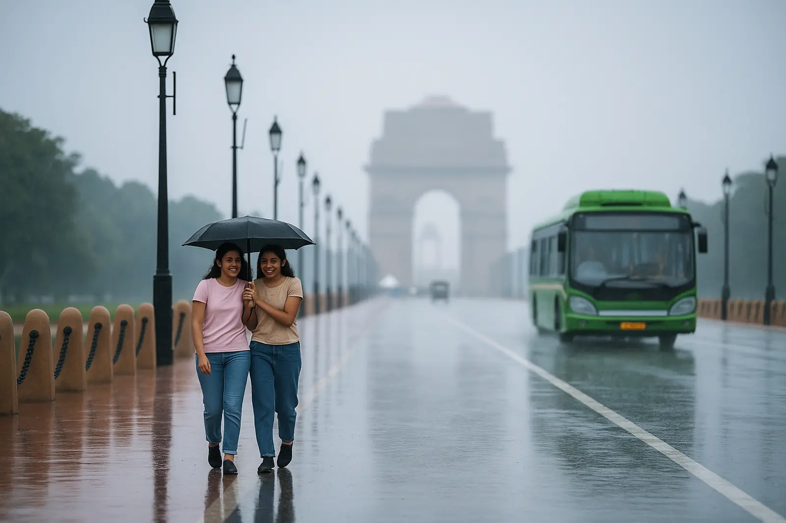 Delhi rains as two girls walking with an umbrella infront of India gate