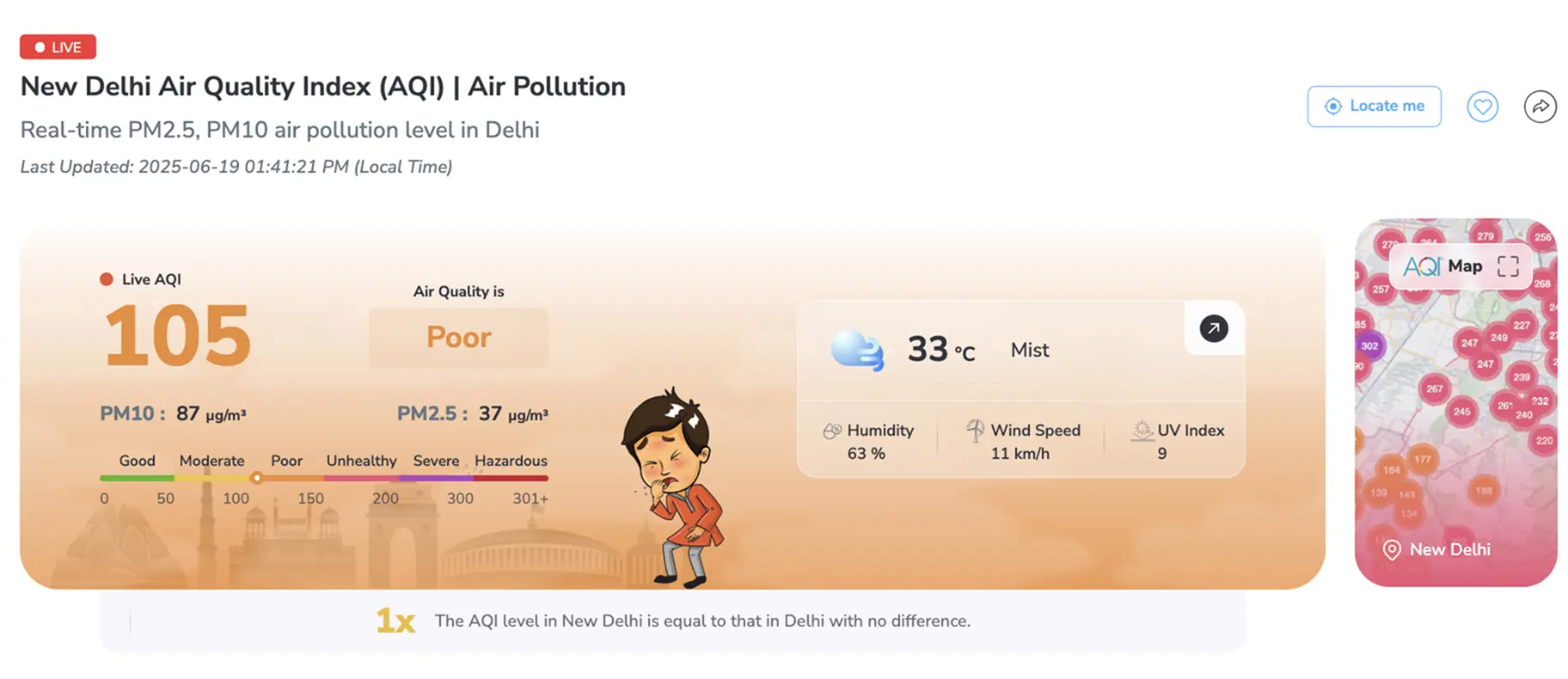 New Delhi real-time aqi levels on 19th June 2025