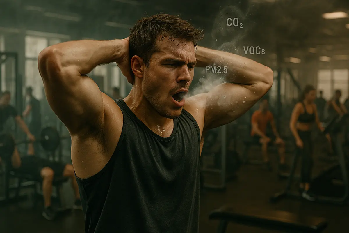 polluants de l’air dans une salle de sport et un homme qui s’entraîne