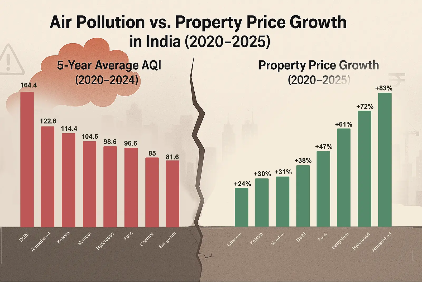 air pollution 2020 to 2024 vs property price growth in india 2020 to 2025