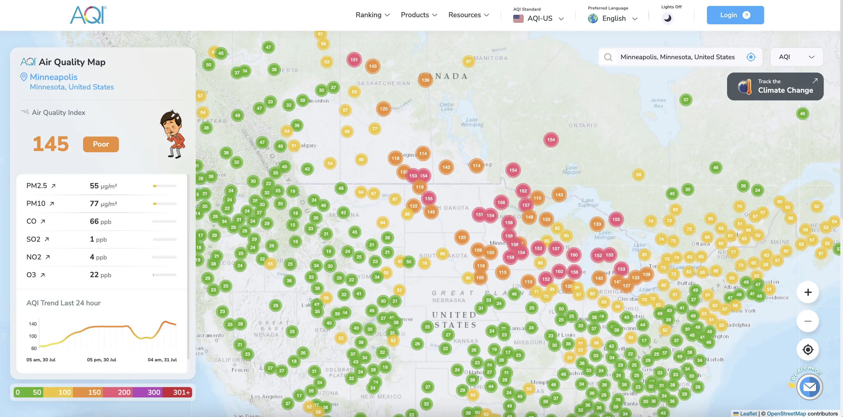Air quality map of USA showing high AQI levels on 31st July 2025