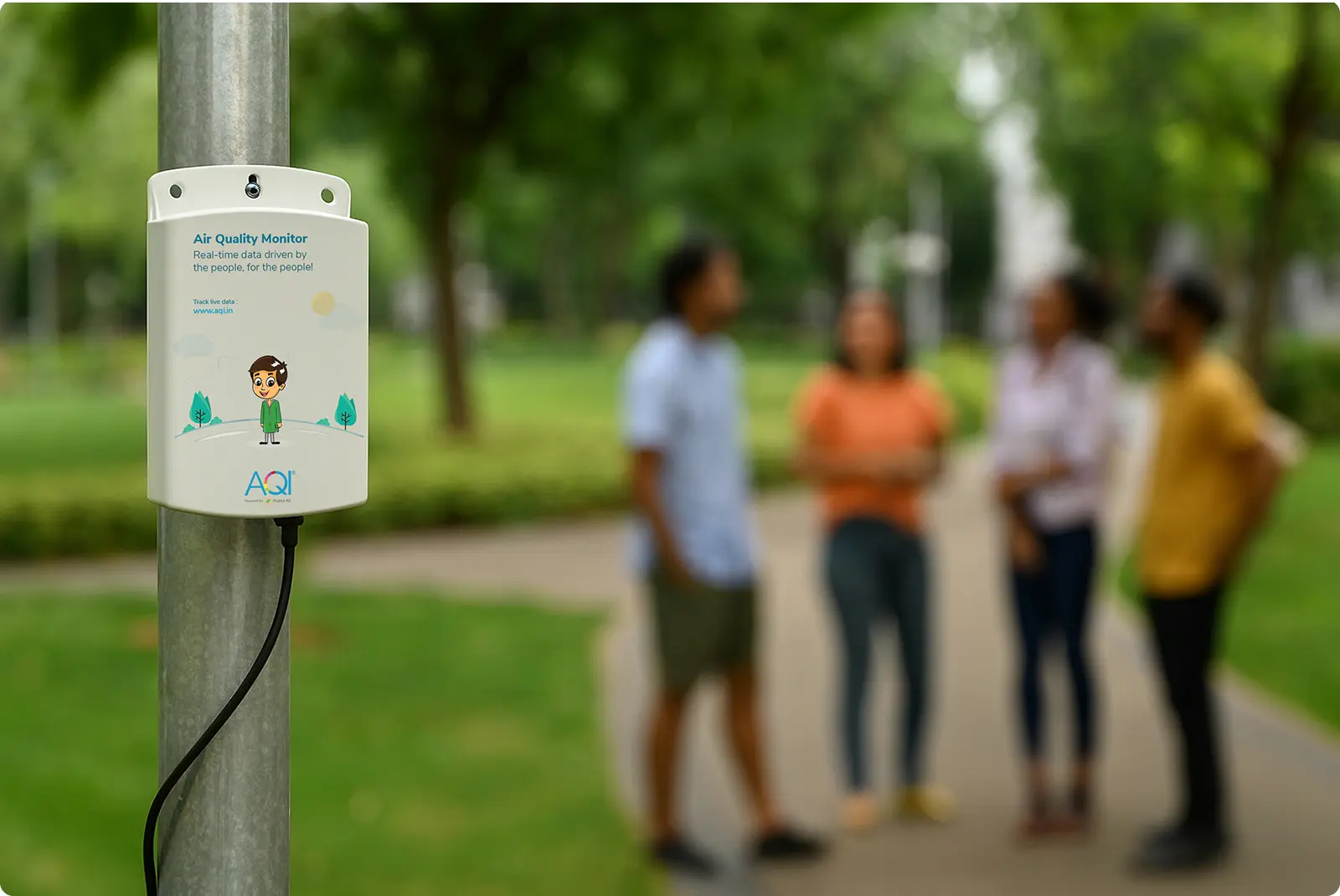 people standing in a park near the community air quality monitor