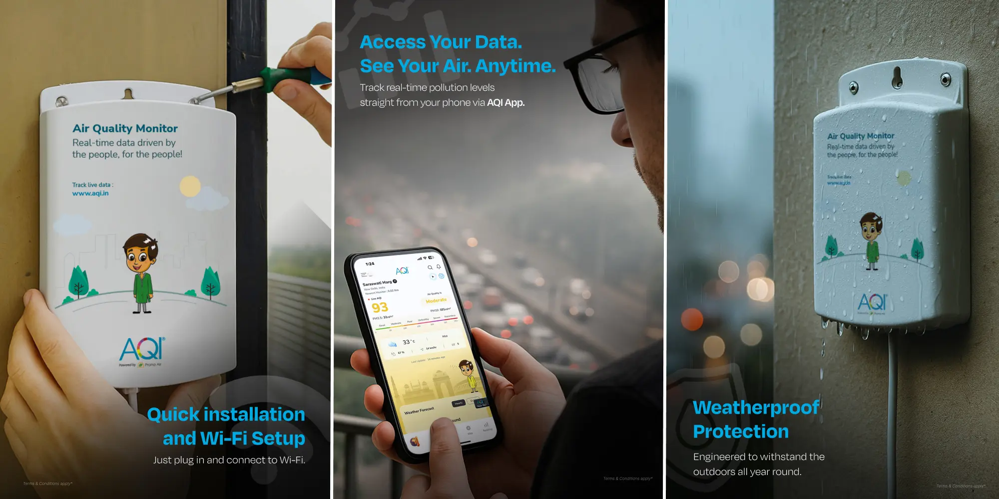 free AQI monitor's details and features as weatherproof, WiFi connectivity etc