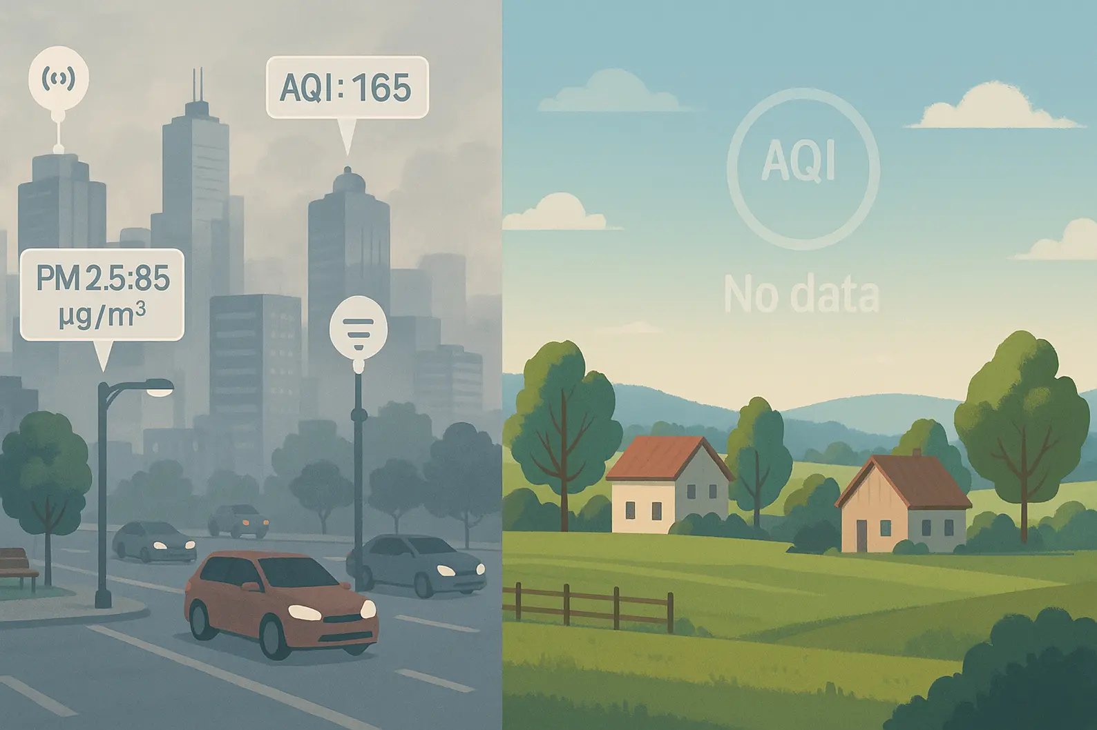 air quality data from urban and rural areas as urban has some data but rural area does not have any data