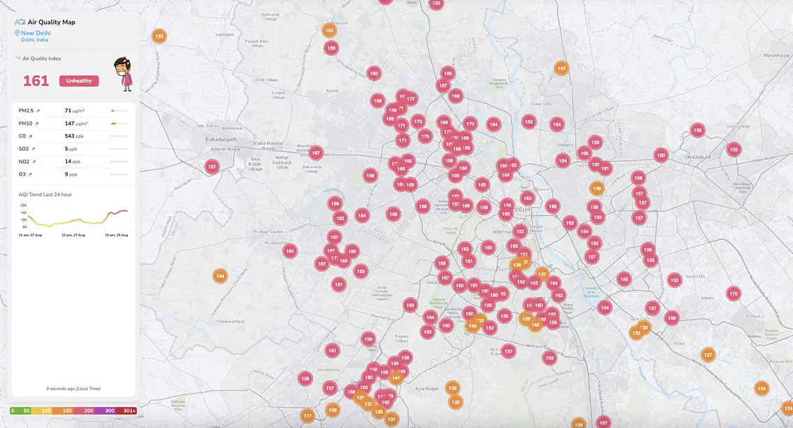 real-time aqi levels map of New Delhi's different areas in the end of August 2025