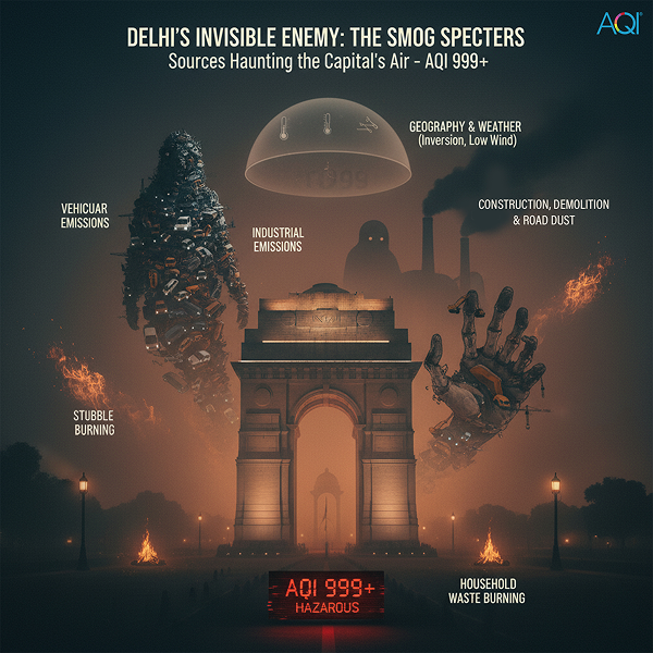 Image showing causes of air pollution in Delhi - stubble burning, vehicular emission, industries, construction, road dust