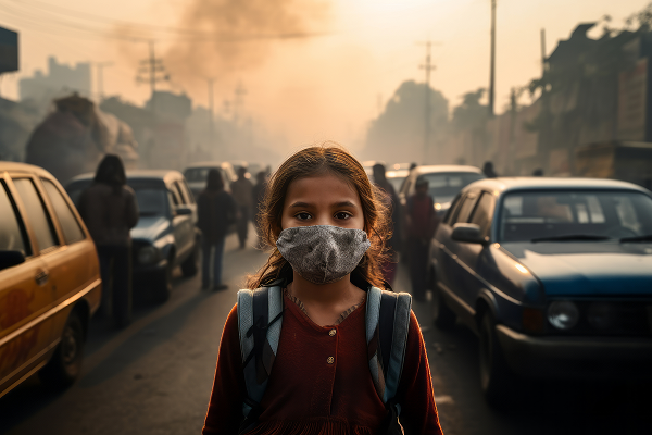 Child wearing a protective mask while standing on a traffic-filled road in Delhi with visible smog.