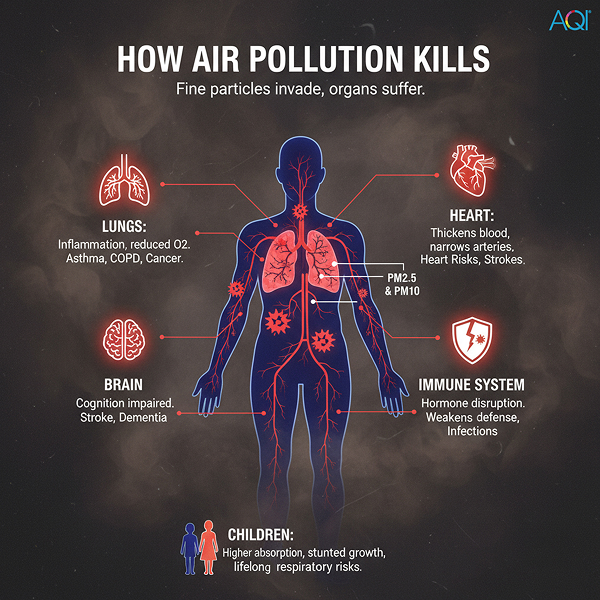 Image showing how air pollution damages lungs, heart, brain, immune system causing strokes, heart problems, dementia, cancer, asthma. Children at a higher risk.
